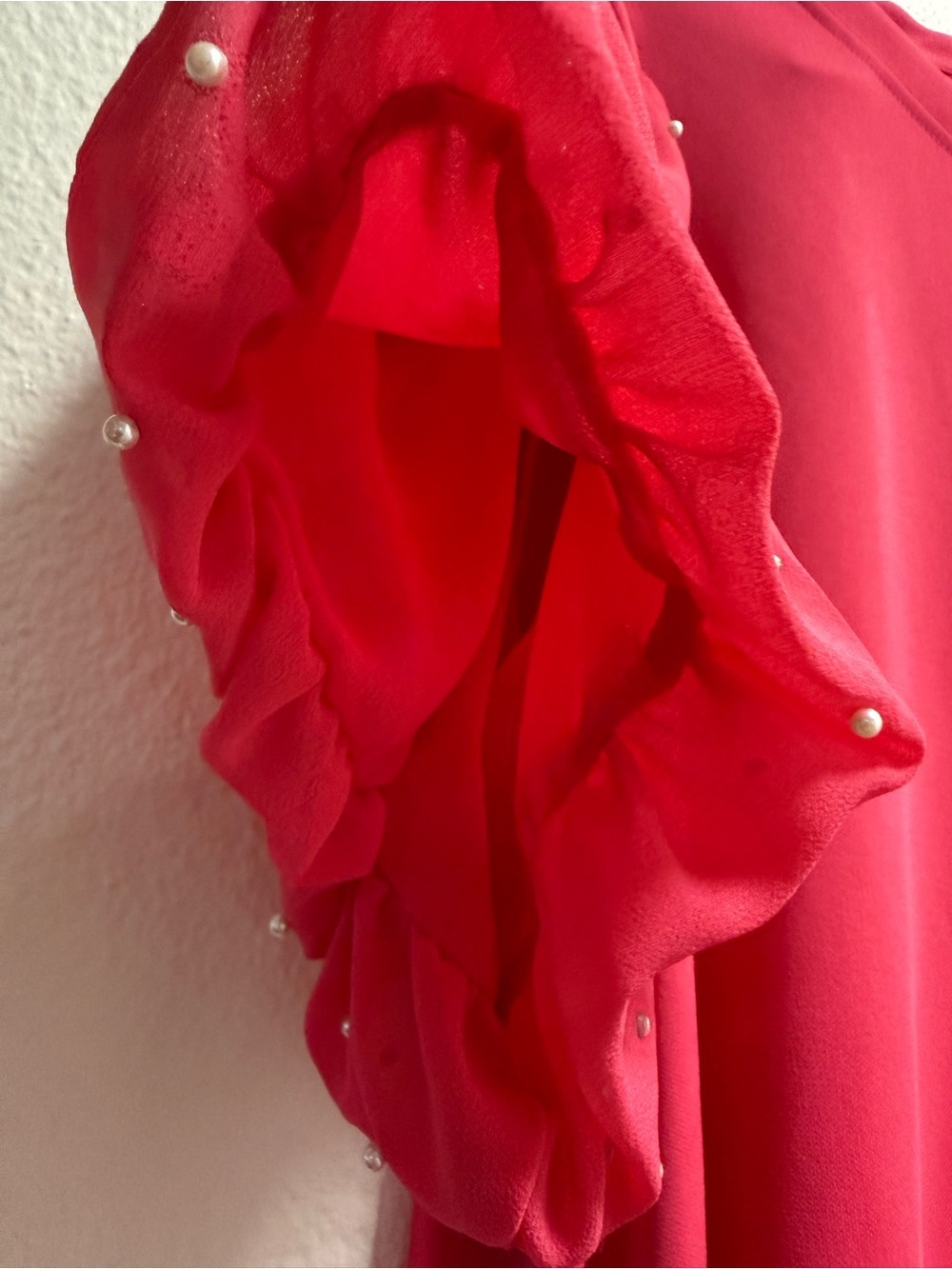 Karl Lagerfeld Shirt women size L Bright Pink Pearl-Studded Puff Sleeve Top - Picture 5 of 8